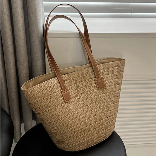 Summer Large Capacity Straw Bag | Sophisticated Knitted Bohemia Top-Handle Bag | Elegant Travel Tote & Armpit Bag | Luxury "Dignified" Woven Straw Handbag with Secure Zipper Closure Luxegan