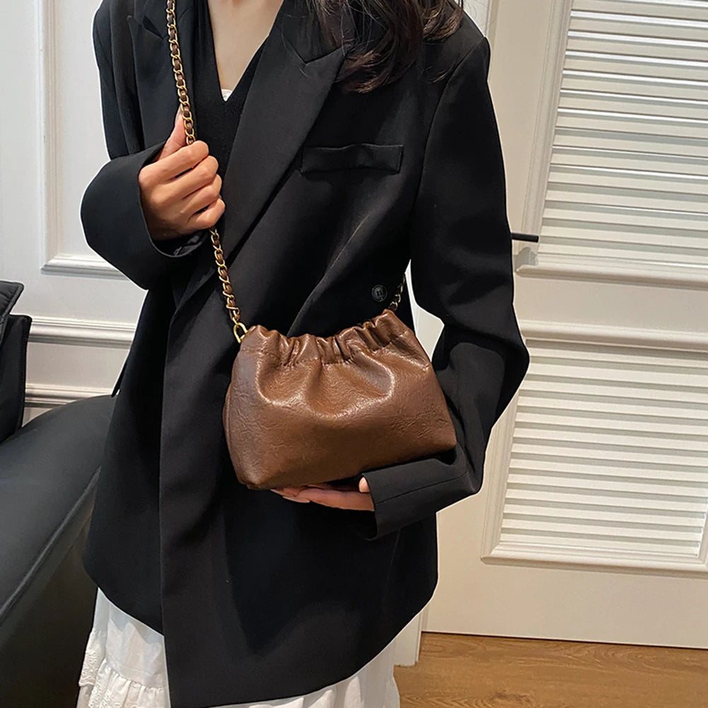 Women Chain Shoulder Bag | Versatile Crossbody Tote Bag | Casual Pleated Hobo Bag PU Leather Satchel Sling Bag Girl Stylish Purse Luxegan