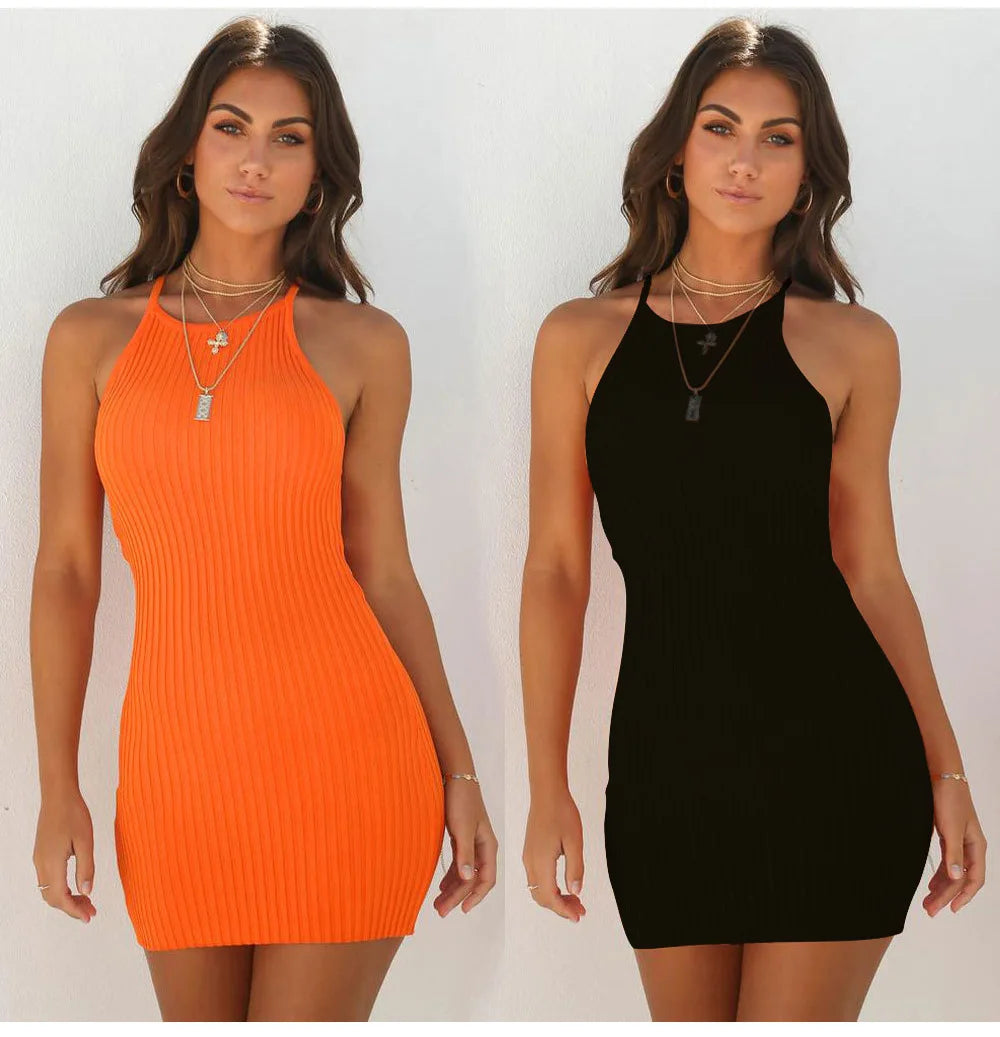 Halter Neck Ribbed Backless Bodycon Mini Dress | Sleeveless Skinny Sexy Club Party Dress Luxegan