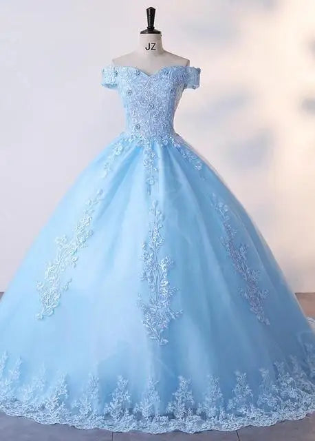Luxury Floral Tulle Quinceañera Ball Gown | Off-The-Shoulder Sweet 15 Party Dress | Floor-Length Embroidered Lace Princess Dress Luxegan
