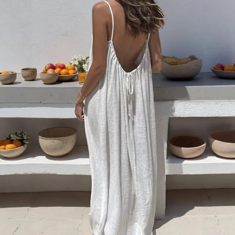 Solid Halter Spaghetti Strap Maxi Dress | Draped Casual Loose-Fit Vacation Sundress | Non-Bulk Summer Ankle-Length Homewear Luxegan