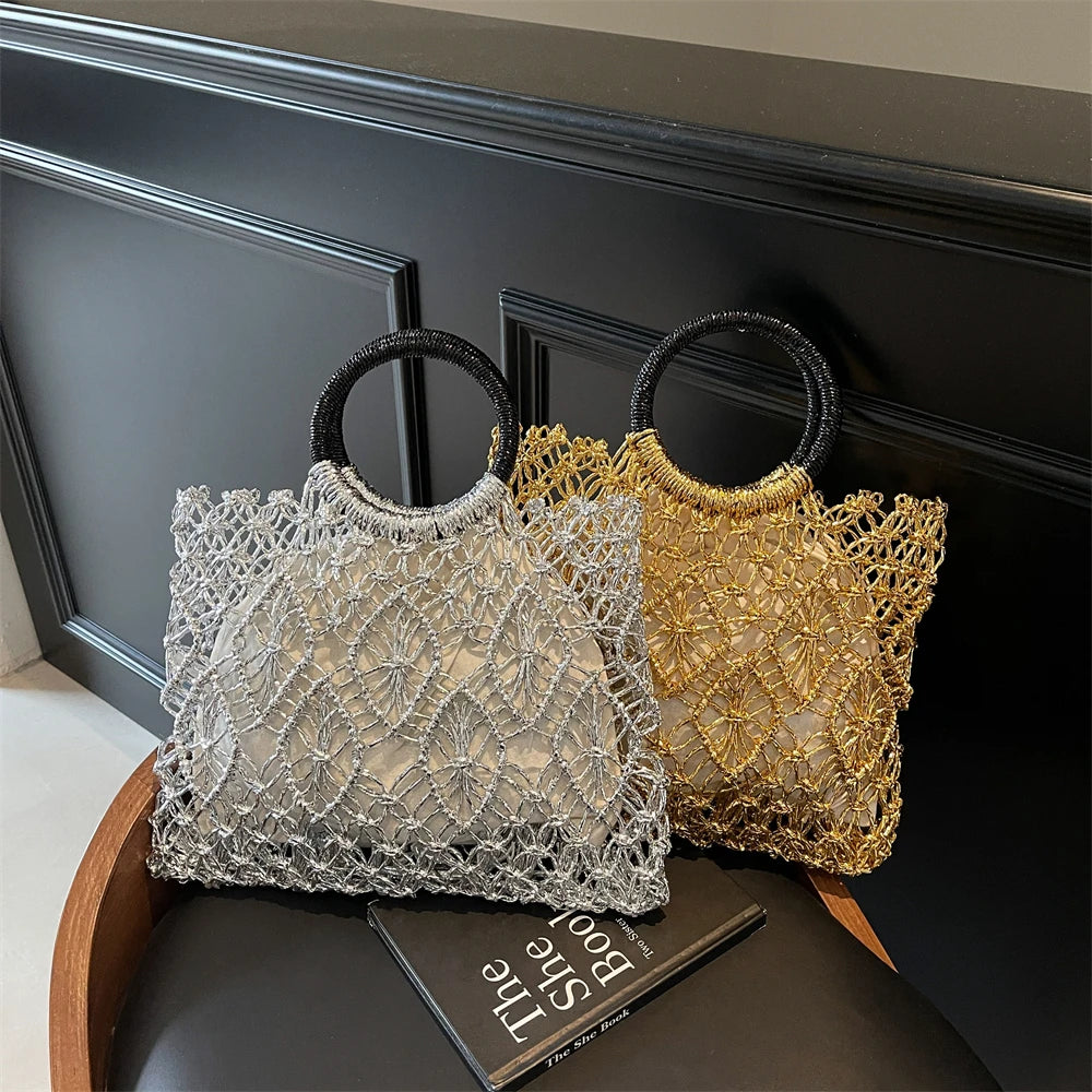Handmade Woven Round Handle Handbag | Eco-Friendly Craft Paper Luxury Designer Bag | Hollow-Out Metallic Golden & Silver Top-Handle Tote | Sustainable Fashion Composite Bag Luxegan