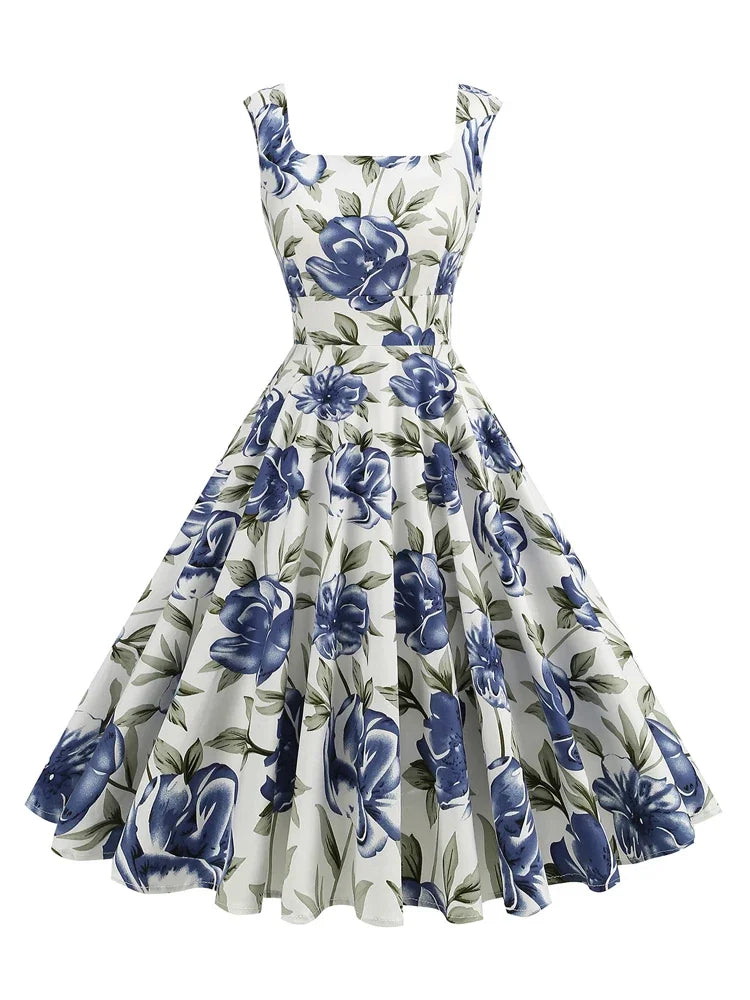 Print Vintage Square Neck Sleeveless Regular Fit A-Line Knee-Length Dress – Non-Stretch Cotton-Elastane Blend, Empire Waist, Summer Luxegan