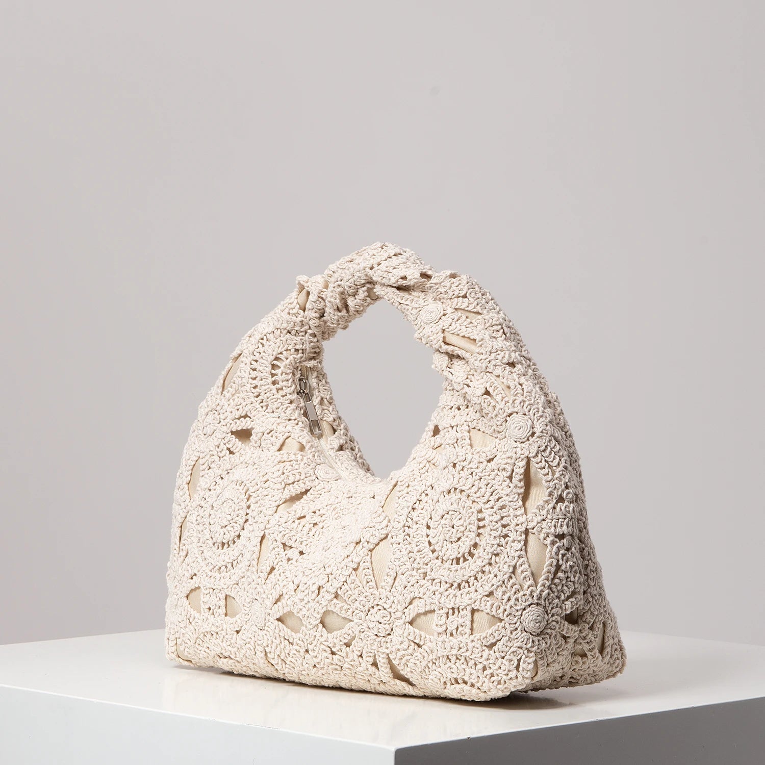 Soft Bohemian Hollow Woven Handbag | Zippered Crochet Beach Tote Luxegan