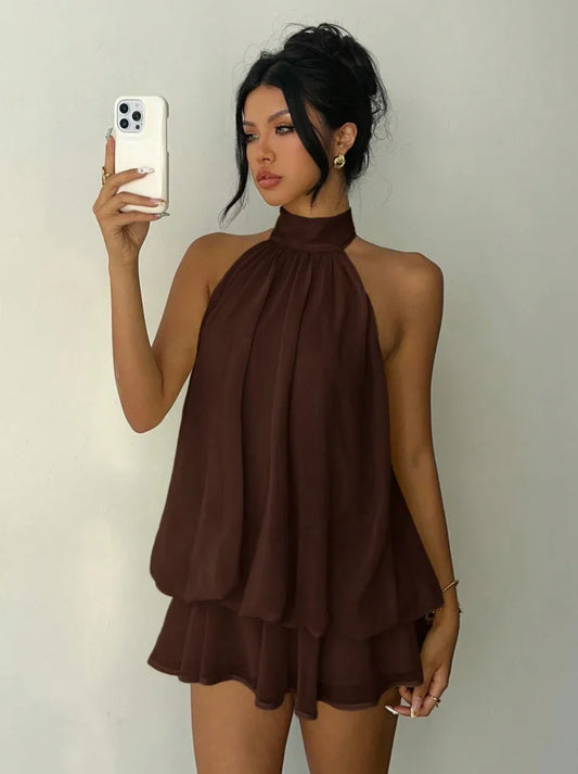 Women's Backless Halter Tie Waist Mini Dress Luxegan