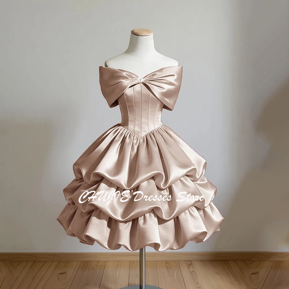 Vintage Off-The-Shoulder Homecoming Mini Dress | Crystal Bow Tiered Graduation Dress | Sleeveless Knee-Length Satin Sweet 15 16 Prom Gown Luxegan