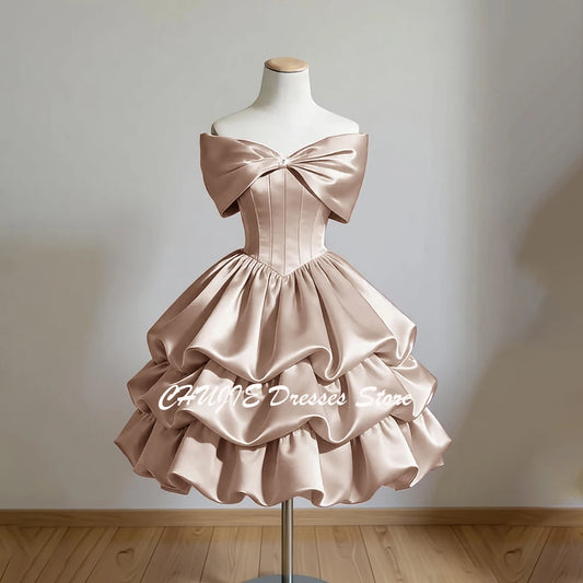 Vintage Off-The-Shoulder Homecoming Mini Dress | Crystal Bow Tiered Graduation Dress | Sleeveless Knee-Length Satin Sweet 15 16 Prom Gown Luxegan