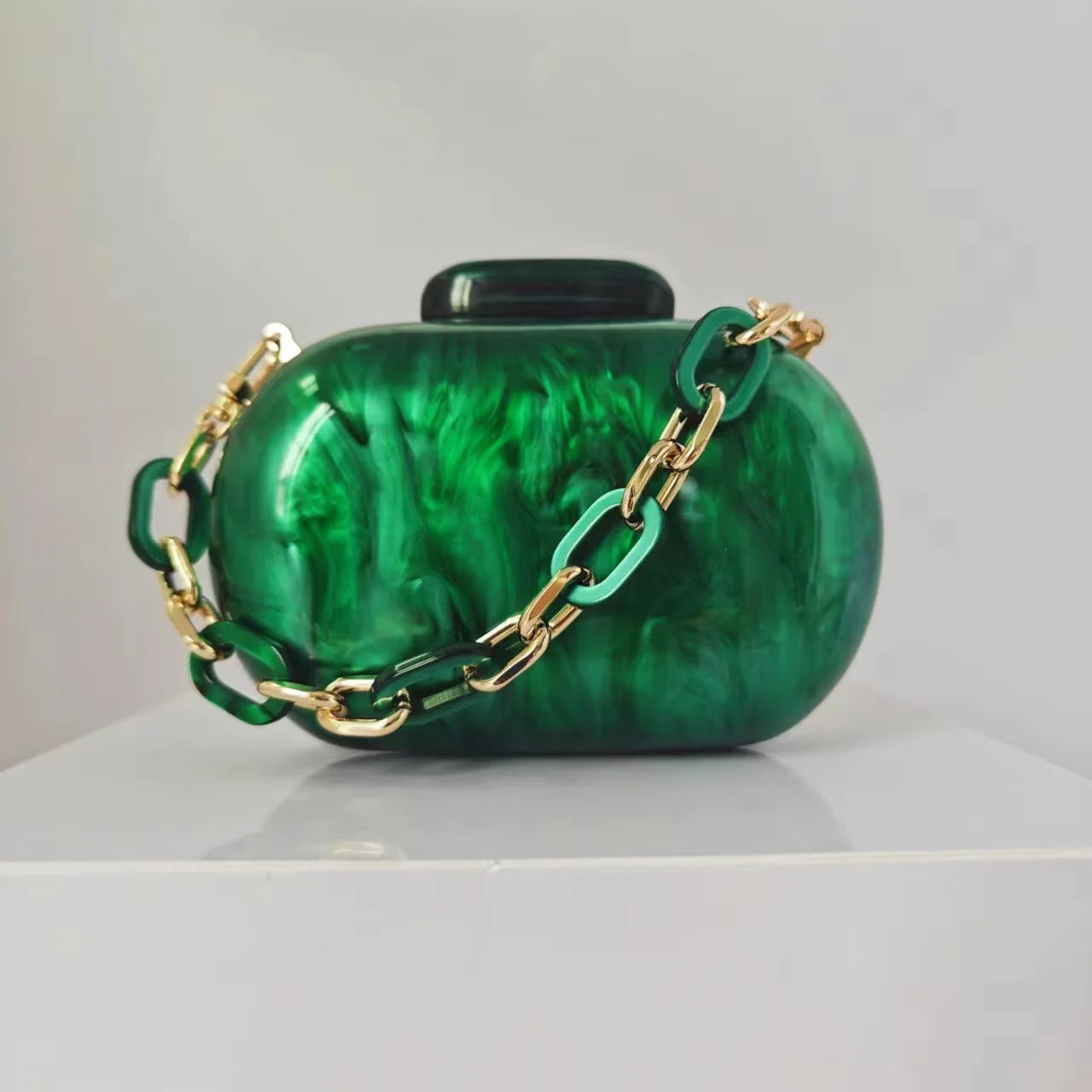 Acrylic Oval Evening Clutch | Sophisticated Hard-Shell Party Handbag | Elegant Prom Barrel-Shaped Purse | "Dignified" Modern Acrylic Phone Clutch with Stylish Chain Detail Luxegan