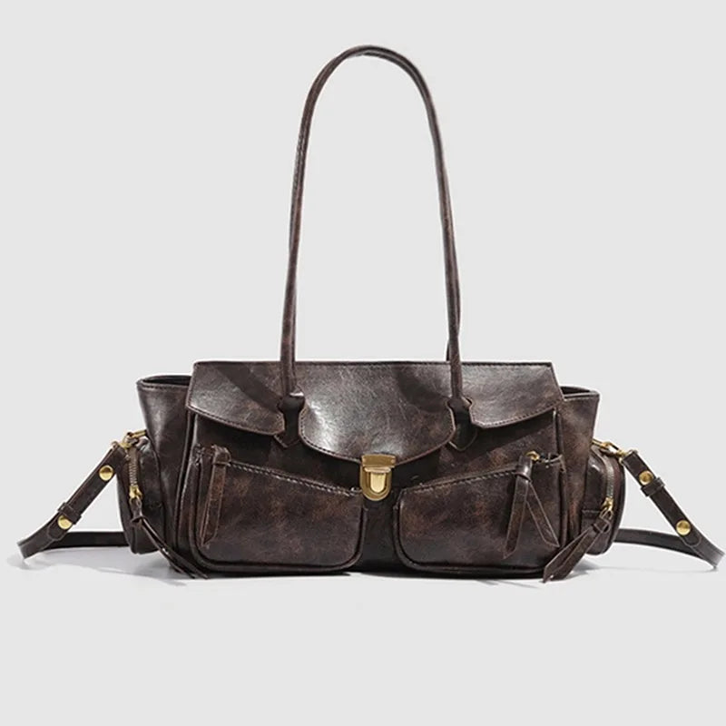 Vintage Underarm Bag for Women | Soft Split Leather Multi-Pocket Shoulder Handbag (Luxury Designer, Half Moon Shape) Luxegan