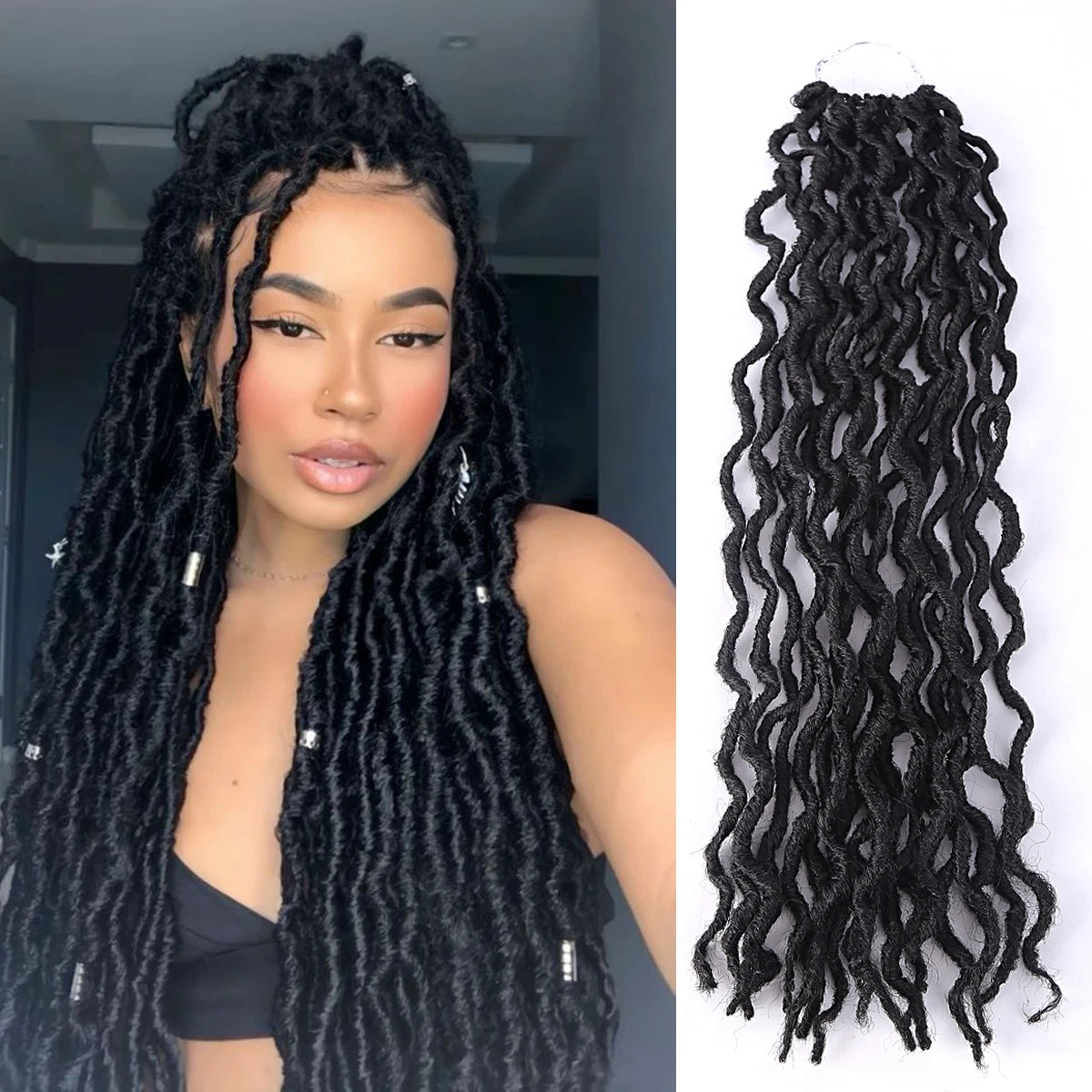Goddess Faux Locs Crochet Hair | Soft Curly Ombre Dreadlock Extensions (Synthetic Braiding) Luxegan