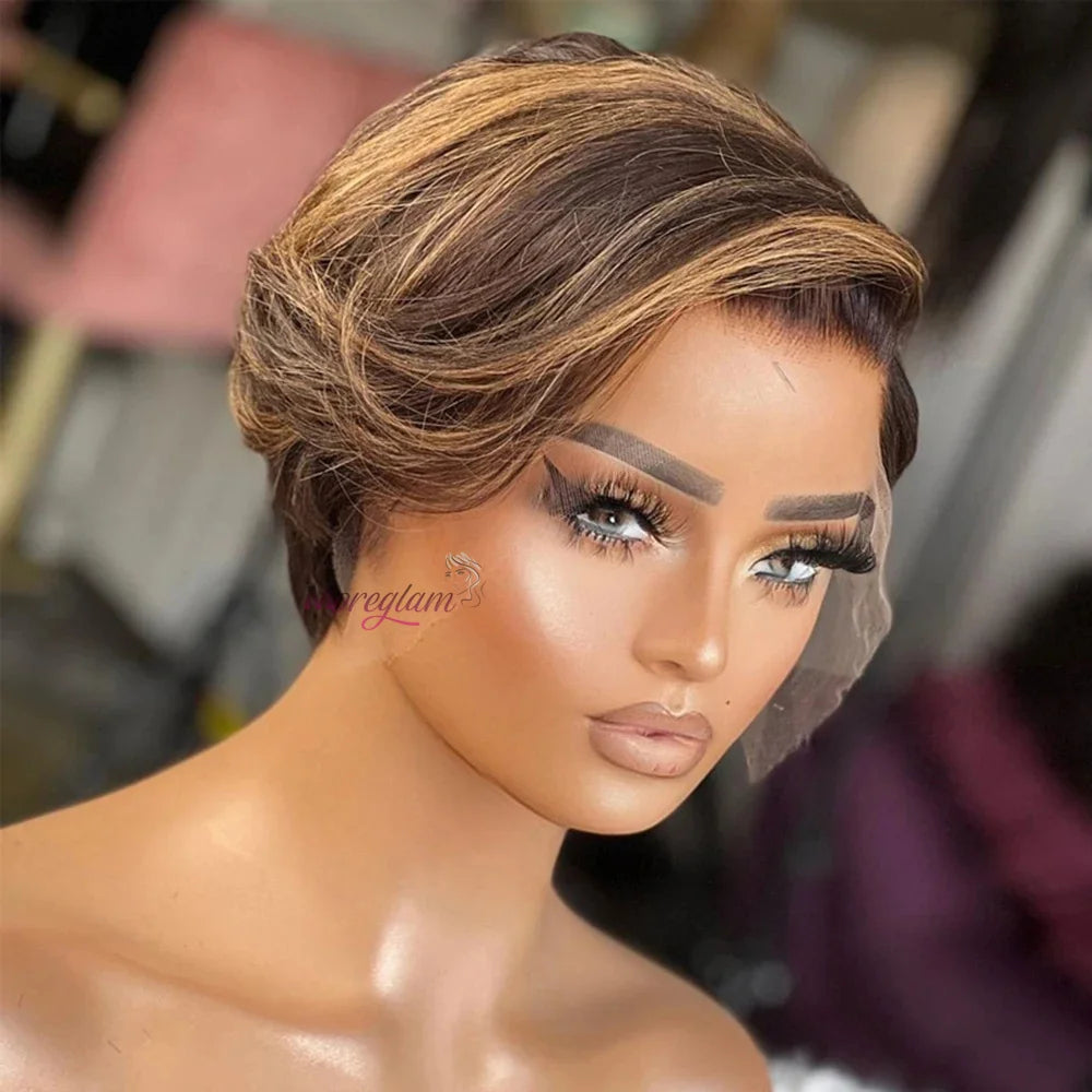 Short Bob Wig Pixie Cut Wig Straight Human Hair Wig 13X4 Transparent Lace Frontal Wig For Women Highlight Straight Pixie Cut Wig