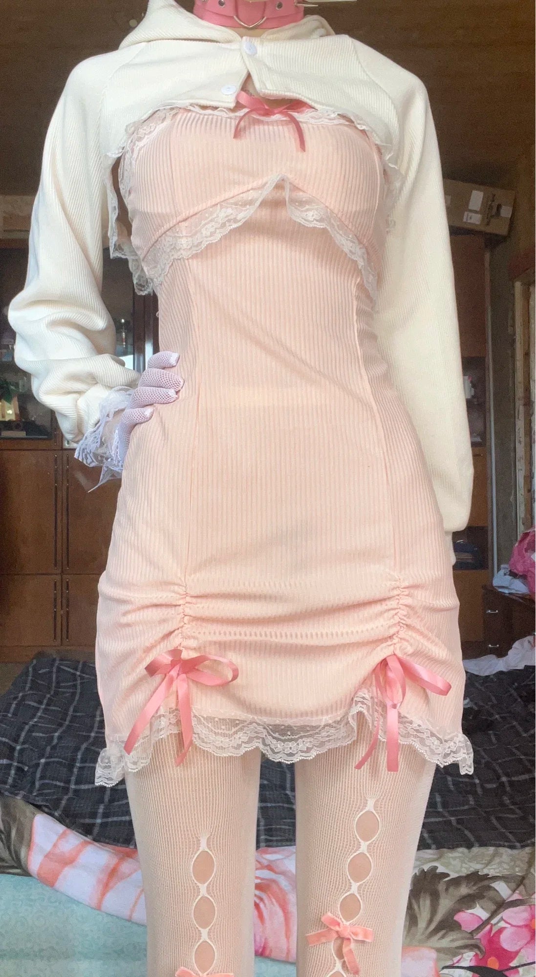 Bow-Detail Patchwork Strapless Mini Dress & Cardigan Set – Empire Waist, Sweet, Winter Luxegan