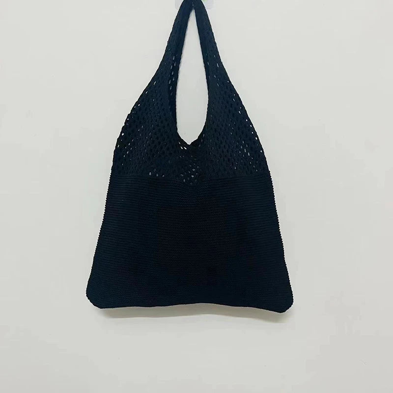 New Trend Women's Crochet Handbag | Retro Knitted Braid Solid Color Hollow Top-Handle Tote Bag (Black Khaki Shopper) Luxegan