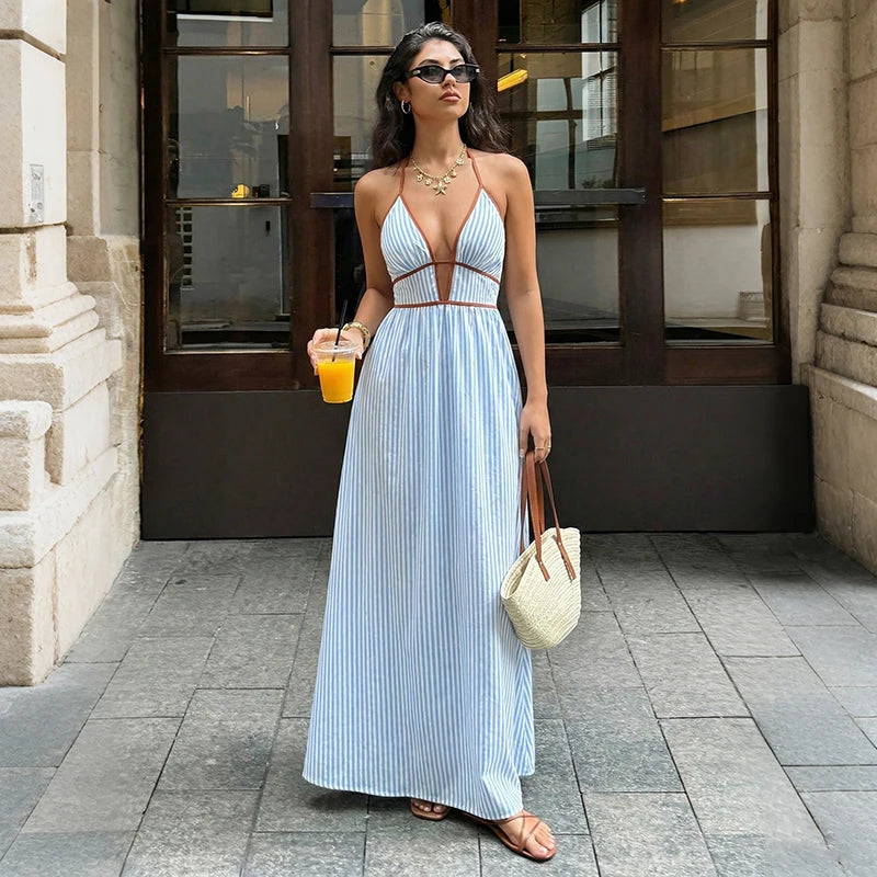 Deep V-Neck Halter Backless Striped Fit & Flare Maxi Dress | Sleeveless Sexy Beach Summer Dress Luxegan