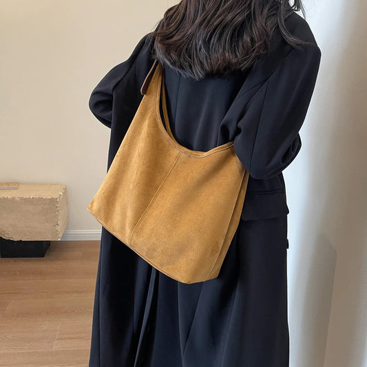 Stylish Suede-Finish Women’s Shoulder Bag | Solid Color Top-Handle Crossbody | Casual PU Leather Tote Purse | Elegant Daily Commuting Bag with Adjustable Strap Luxegan
