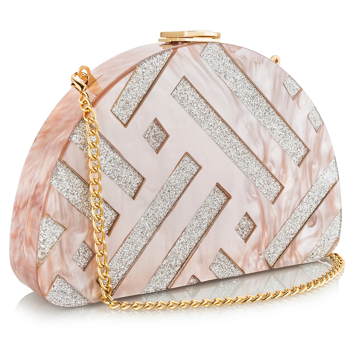 Elegant Acrylic Evening Box Bag for Women | Sophisticated Half-Moon Clutch Purse | Luxury Lady’s Prom and Wedding Party Handbag | High-Street Fashion Minaudiere Shoulder Bag with Chain Decoration Luxegan