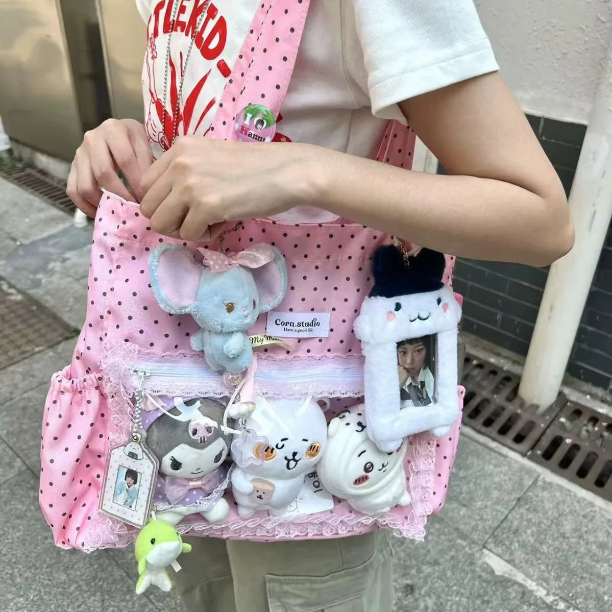 Canvas Y2K Ita Satchel | Soft Polka Dot Large Capacity Commuter Bag Luxegan