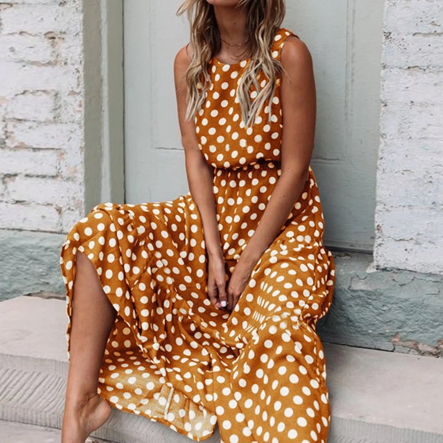 Polka Dot Boho Sundress Women Summer Beach Maxi Long Dresses Sexy Elegant Sleeveless Belts Evening Party Dress Vestido De Mujer