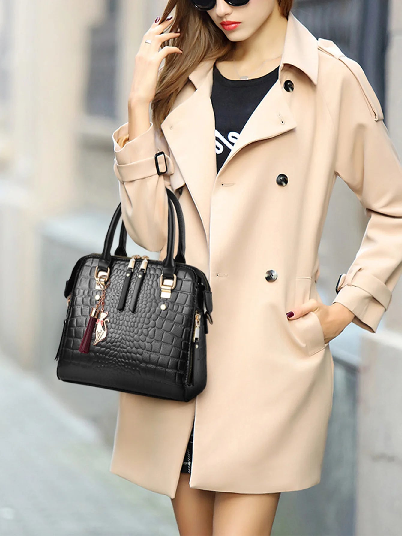 Luxury Crocodile Pattern Handbag | PU Leather Tassel Shoulder Bag Luxegan