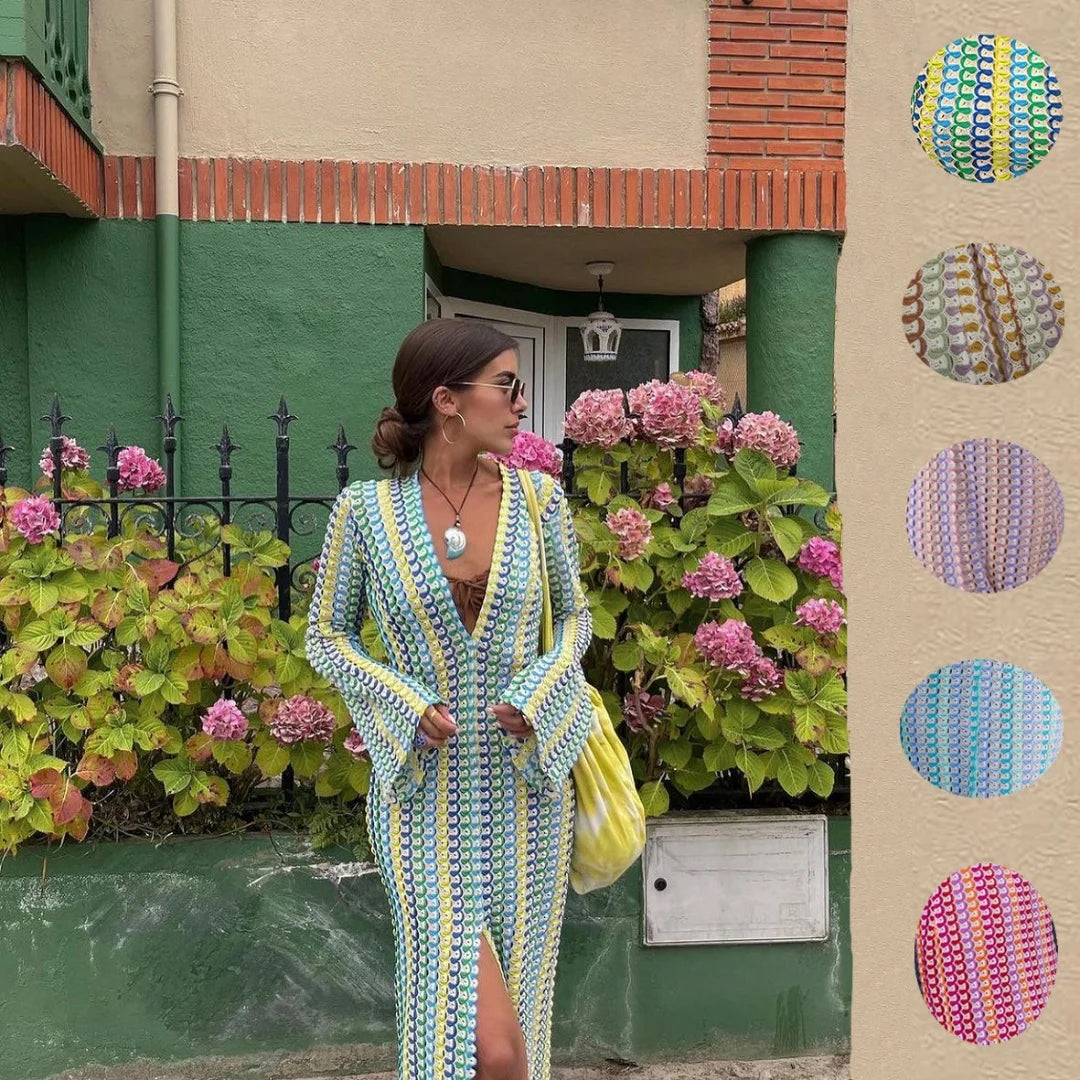 Crochet Hollow-Out Stripe Maxi Dress – Flare Sleeve, Deep V-Neck, Split Hem Luxegan
