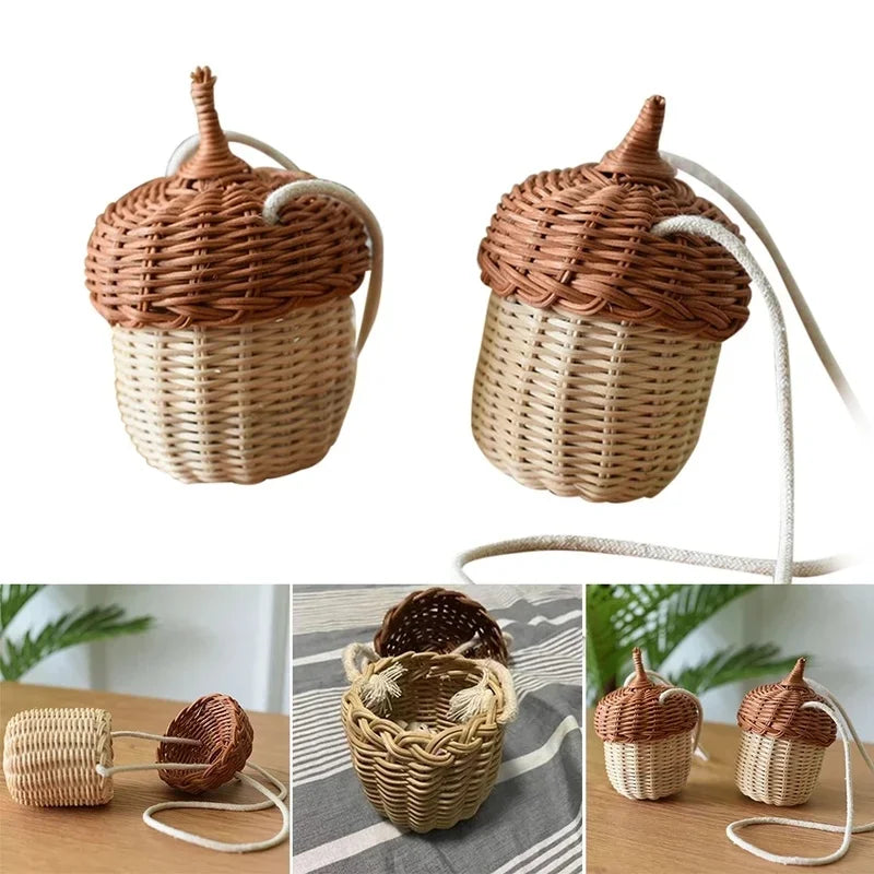Acorn-shaped Woven Shoulder Bag | Tropical Beach Style Rattan Tote & Photo Prop Luxegan 