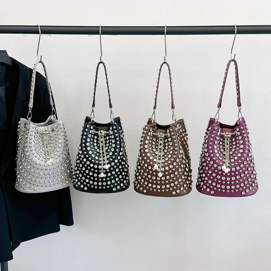 Studded Punk Rock Bucket Bag for Women | Pearl Charm Drawstring Leather Shoulder Bag | Premium Rhinestone Crossbody Purse | Autumn & Winter Solid Color Moderate Hardness Tote Model A Luxegan