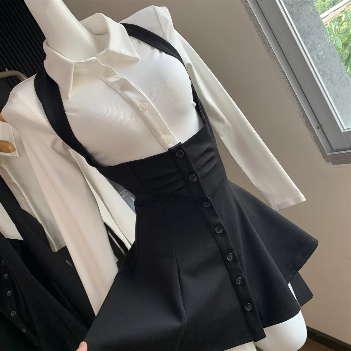 Women's Two-Piece Sexy Chic Halter Dress Set | Fashionable Polo Neck Button-Up Shirt & Slim Mini Dress | Casual Solid Color Autumn/Winter A-Line Outfit Luxegan