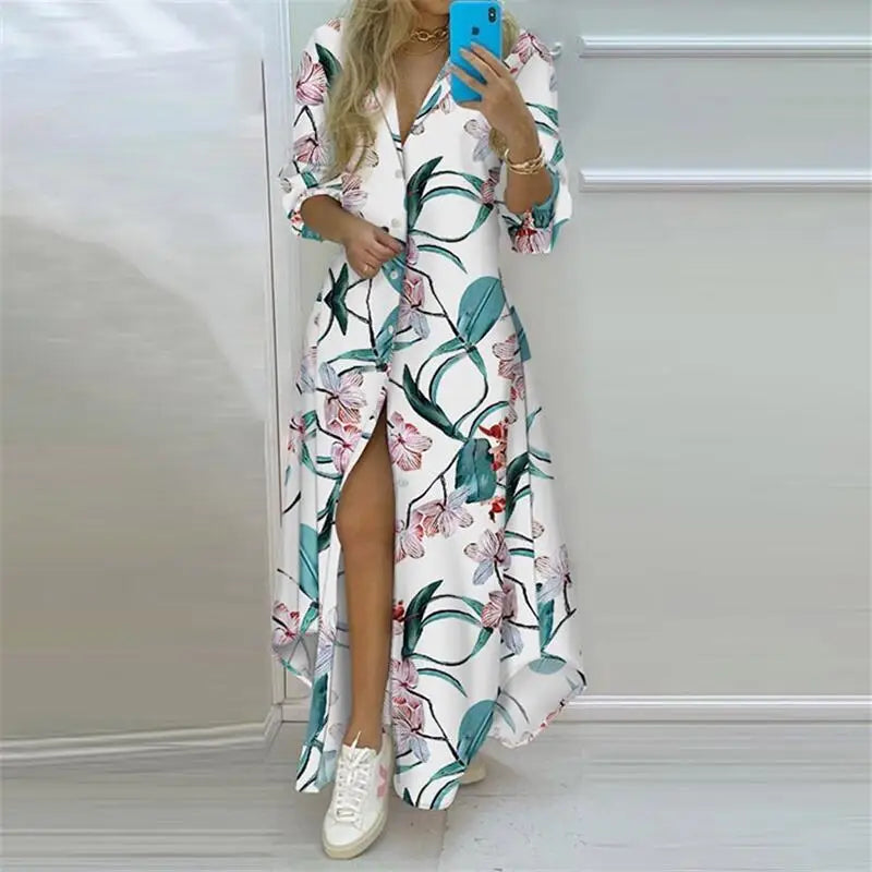 Women's Elegant Bohemian Printed Maxi Shirt Dress | Casual Turn-Down Collar Long Sleeve Gown | Single-Breasted Split Shirt Dress | Loose Fit Ankle-Length Fall Winter Vestido Luxegan