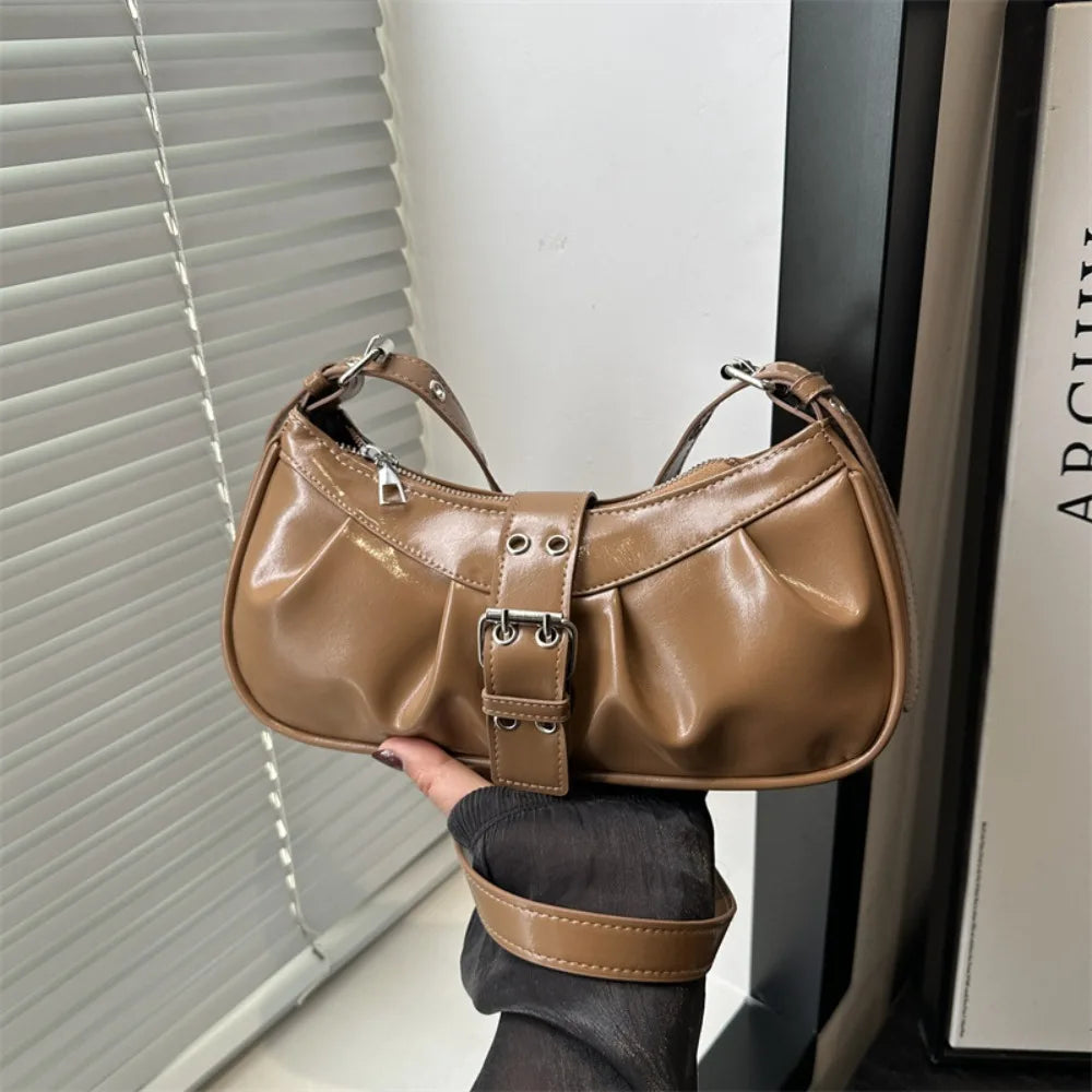 Gothic Y2K Buckle Armpit Bag | Retro Square PU Leather Crossbody Luxegan
