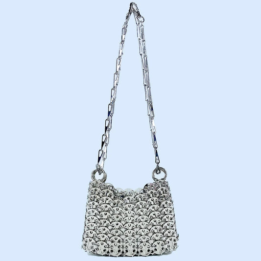 Silver Shiny Bag Handmade Woven Beaded Sequin Bag Mobile Phone Bag | Long Shoulder Strap Single Shoulder Crossbody Bag for Women Luxegan