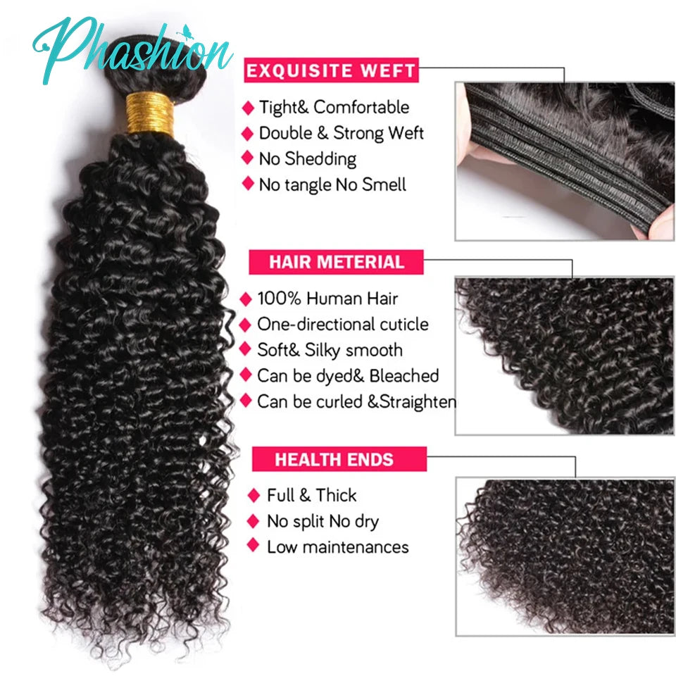 Phashion Kinky Curly Human Hair Bundles 1/3 Pcs/Lot 30 32 Inch 100% Remy Hair Extensions For Black Women Brazilian Weave On Sale