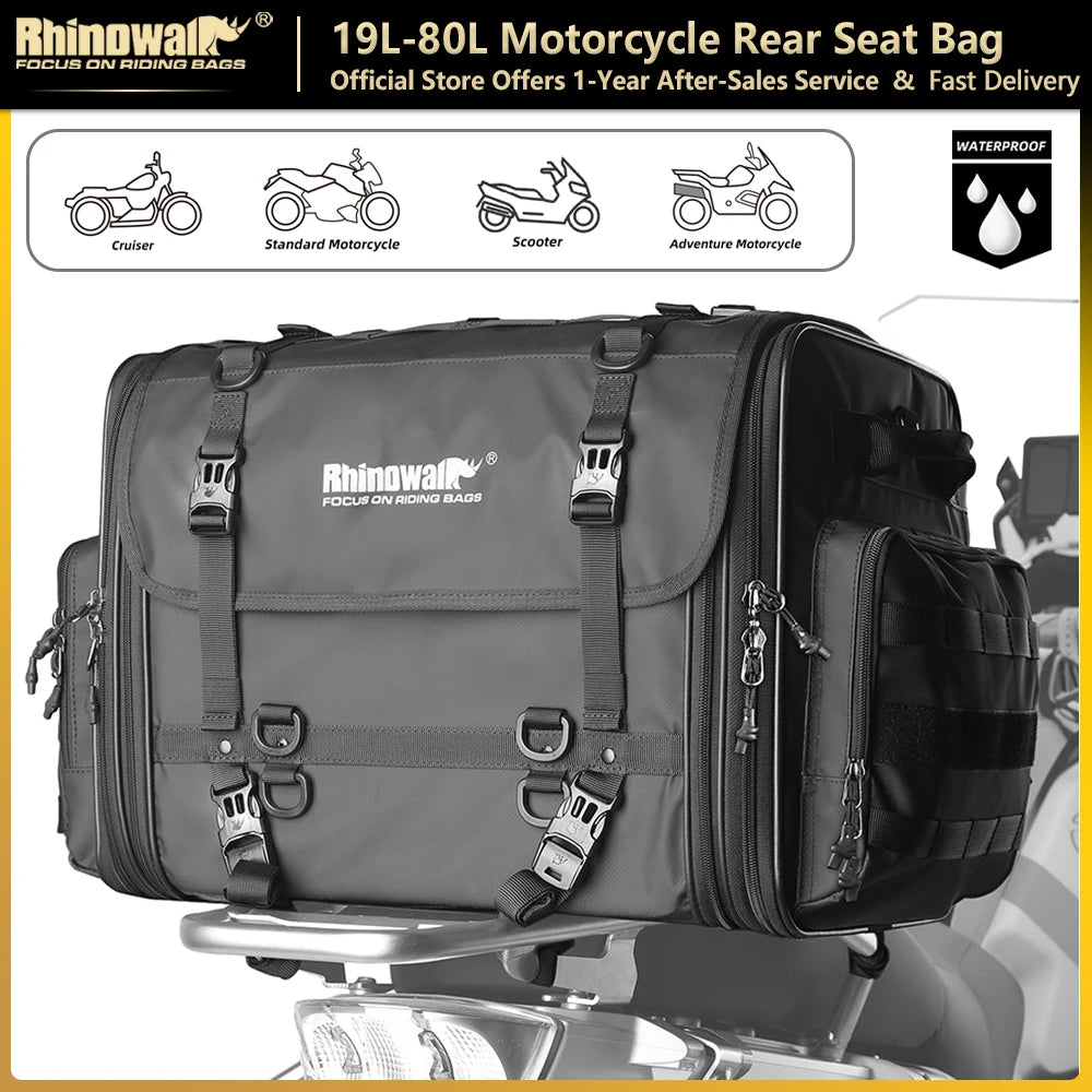 Motorcycle Rear Seat Travel Bag & Expandable Luggage | Heavy-Duty Waterproof Motor Tail Trunk Rack Bag | Premium High-Capacity 19L-80L Moto Storage | Models MT4026 / MT4045 / MT4060 / MT4080 Luxegan