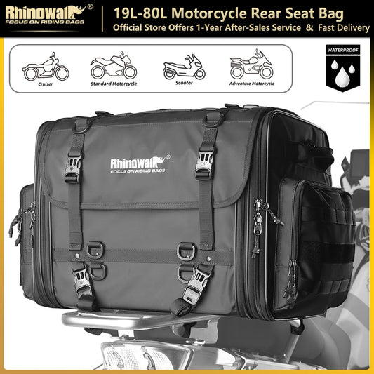 Motorcycle Rear Seat Travel Bag & Expandable Luggage | Heavy-Duty Waterproof Motor Tail Trunk Rack Bag | Premium High-Capacity 19L-80L Moto Storage | Models MT4026 / MT4045 / MT4060 / MT4080 Luxegan
