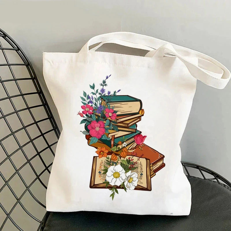 Flowery Books Printed Canvas Tote Bag | Retro Large Capacity Eco-friendly Shopping Bag | Unisex Student Schoolbag Shoulder Bag Luxegan