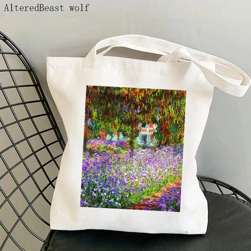 Monet Water Lilies Canvas Shoulder Bag | Sophisticated Kawaii Harajuku Shopping Tote | Elegant Art-Inspired Shopper Handbag | "Dignified" Durable Square Purse for Versatile Daily Styling Luxegan