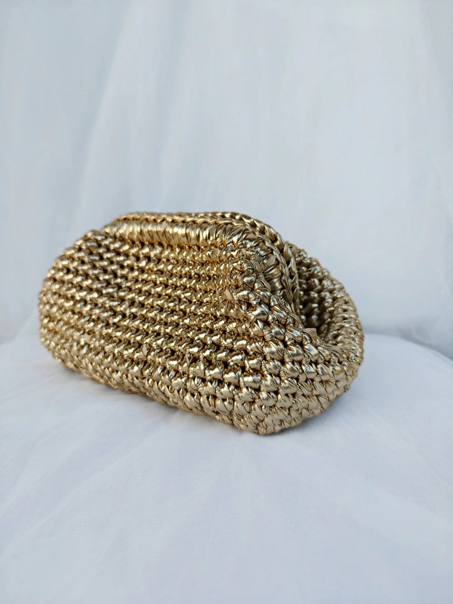 Metallic Lustre Crochet Underarm Bag | Sophisticated Cloth-Strip Woven Clutch | Elegant Large-Capacity Knit Tote | "Dignified" Soft Polyester Handbag for Versatile Everyday Chic Luxegan