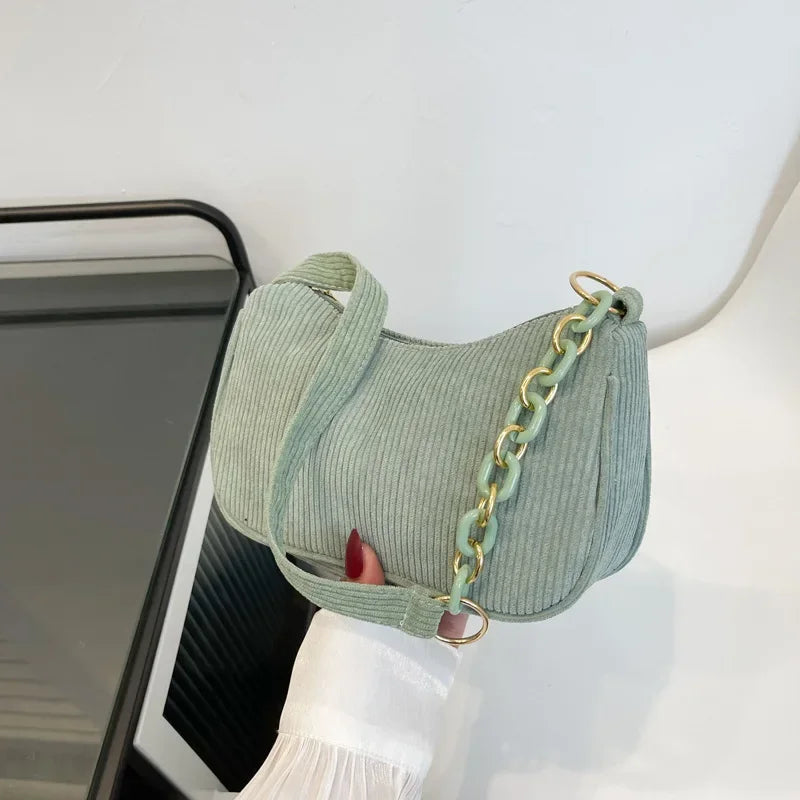 Korean Fashion Vintage Corduroy Underarm Bag | Women's Summer Soft Zipper Shoulder Small Bag | Casual Clutch Handbag Luxegan
