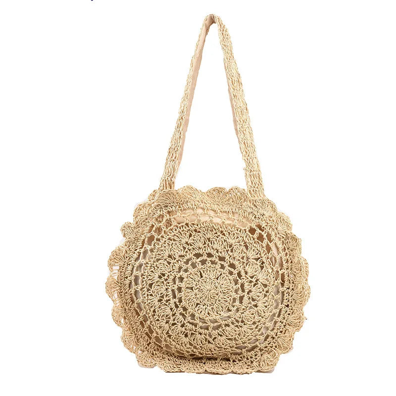 Summer Round Woven Straw Bag | Sophisticated Hollow-Out Handle Rattan Tote | Elegant Circular Beach Shoulder Bag | "Dignified" Soft Knitted Shopper for Versatile Vacation Styling Luxegan