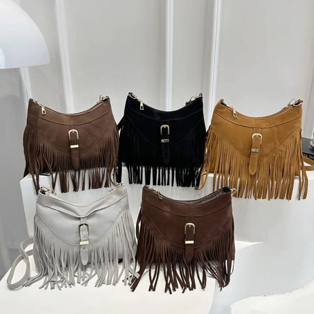 Casual Korean Tassel Shoulder Bag | Solid Color Suede & PU Leather Underarm Pack | Ethnic Bohemian Style Travel Handbag (Women) Luxegan
