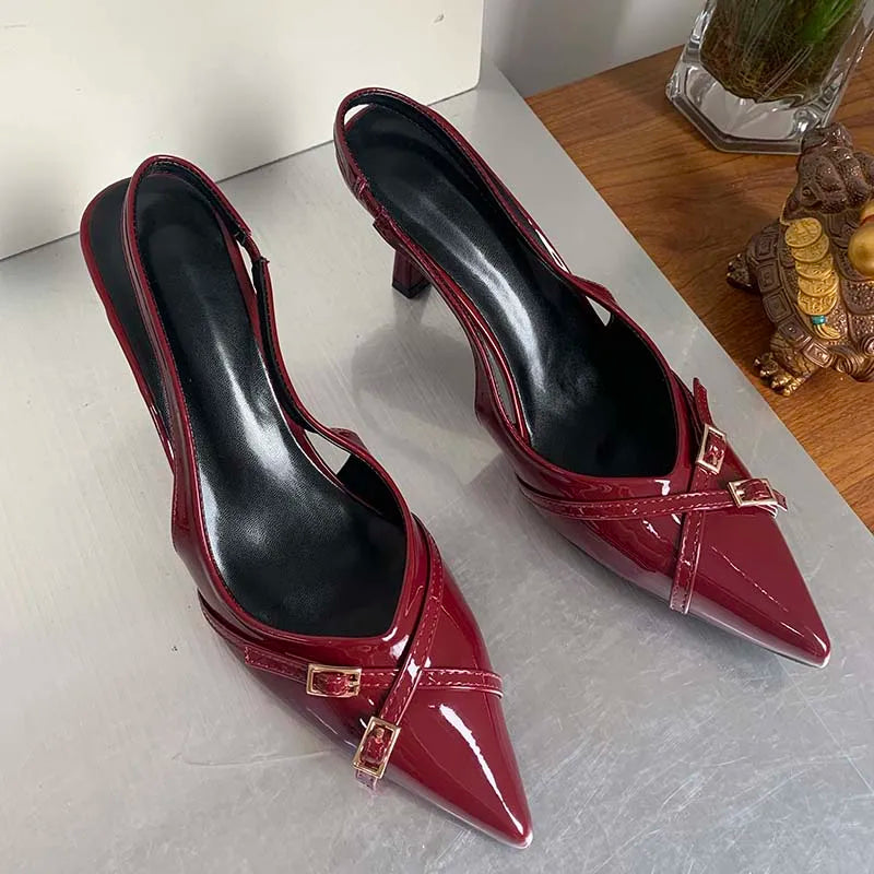 Red Fashion Slingback Heels | Sophisticated 5cm–8cm Thin High Heels | Elegant "Red Solid PU" Silhouette | "Dignified" Round Toe Buckle Strap Pumps for Radiant Versatile Styling Luxegan