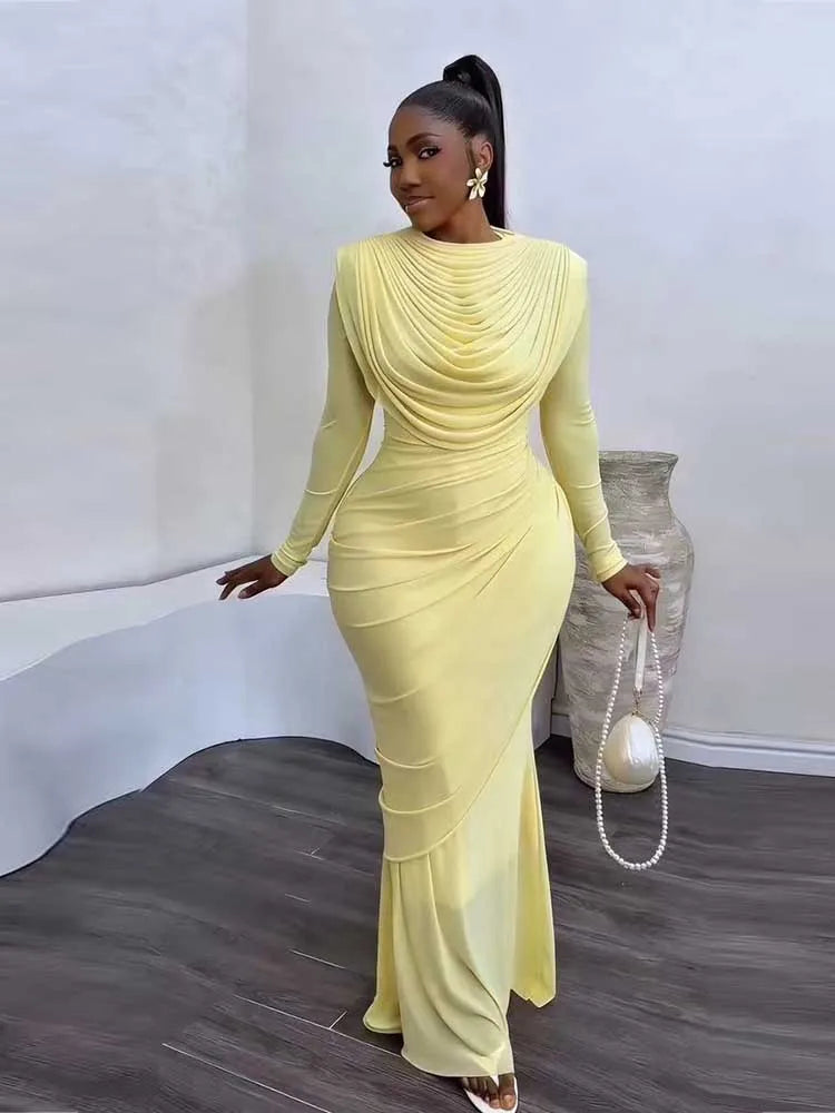 Solid Round Neck Long Sleeve Draped Detail Regular Fit Sheath Ankle-Length Mesh Dress – Natural Waist, Spring/Summer Luxegan