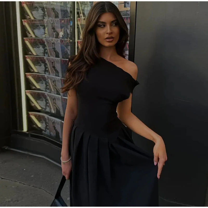Women's Elegant Skew Collar Long Dress | Casual Summer Loose Fit Asymmetrical Midi Gown | Ruched Sleeveless Fit and Flare Robe | Premium Empire Waist Solid Dress Model Sexy Dress Women Luxegan