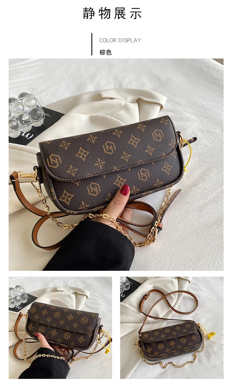 Fashionable Retro Printed Small Square Bag | Versatile Floral Baguette Underarm Bag | Soft PU Leather Crossbody & Shoulder Purse for Parties Luxegan