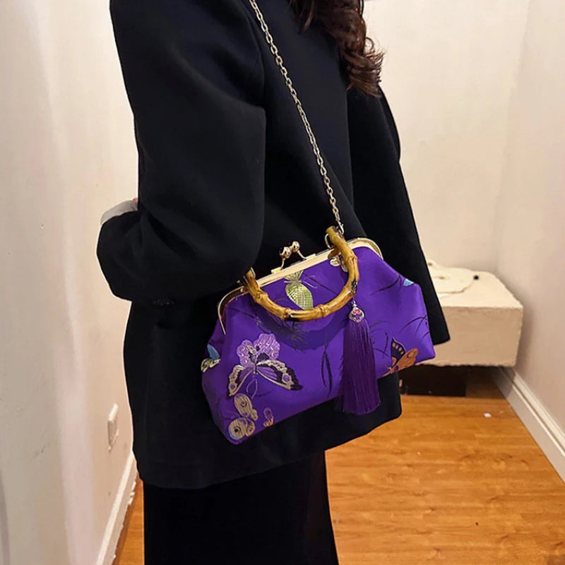 Luxury Silk Embroidered Handbag | Sophisticated "Retro Palace" Silhouette | Elegant Bamboo Handle Shell Bag | "Dignified" High-Performance Chinese Literary Dinner Clutch for Radiant Versatile Styling Luxegan