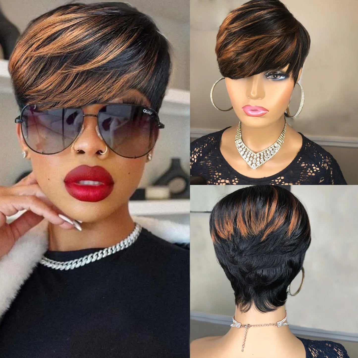 Pixie Cut Human Hair Wig | Short Straight Wig with Bangs | Full Machine Made | 6 Inches Luxegan