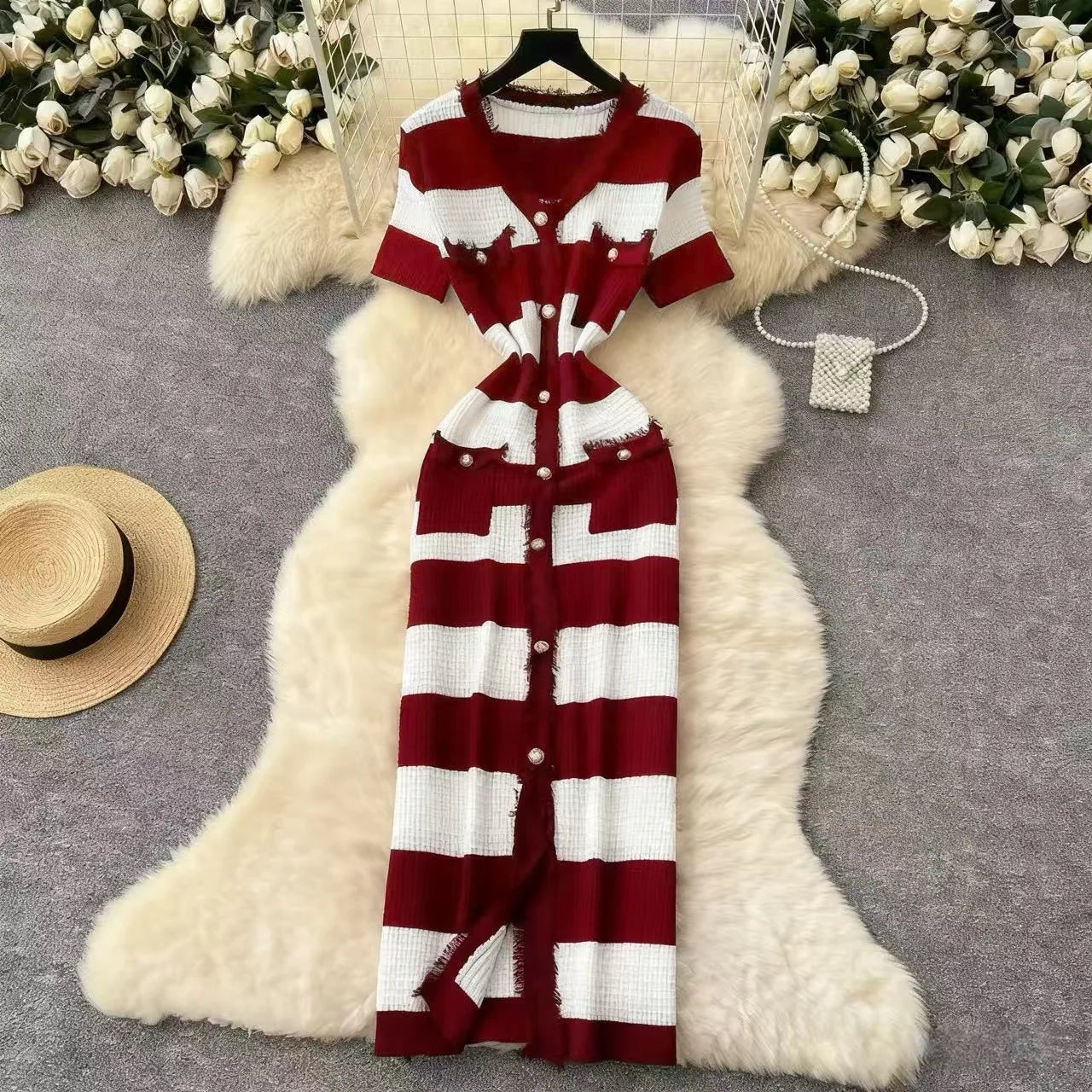 V-Neck Short Sleeve Tassel Striped Knit Pencil Midi Dress | Slim Fit Elegant Office Lady Summer Dress Luxegan