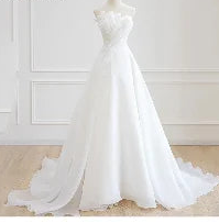 White Satin Strapless Sleeveless Backless Pleated Trumpet Mermaid Floor-Length Gown with Watteau Train – Empire Waist, Built-In Bra Luxegan