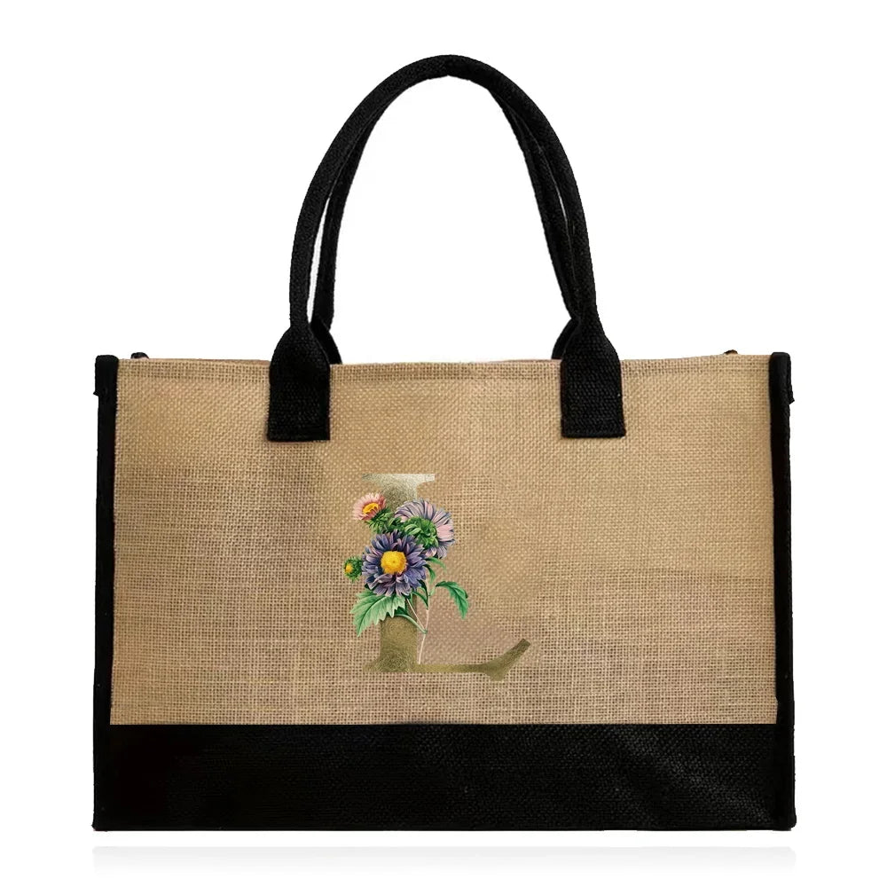 Handmade Jute & Canvas Beach Shopper | Large Capacity Portable Grocery Organizer | Eco-Friendly Woven Women’s Handbag with Golden Flower Pattern Luxegan