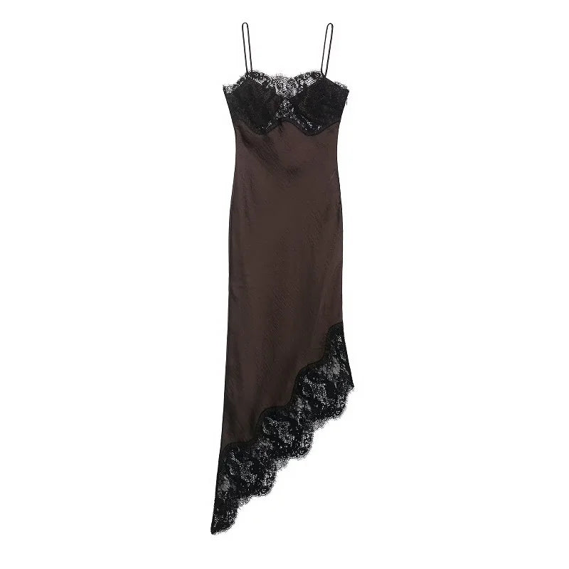 Spaghetti Strap Lace Asymmetric Satin Slip Maxi Dress | Sleeveless Luxury Evening Sexy Night Dress Luxegan