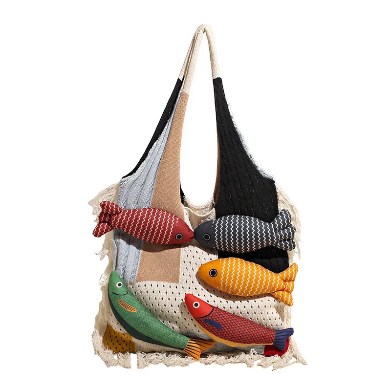 Creative 3D Fish Decoration Shoulder Bag | Fashionable Contrast Color Stitching Tote | Large Capacity Canvas Handbag with Animal Print | Soft Linen-Lined Casual Beach & Travel Bag Luxegan 
